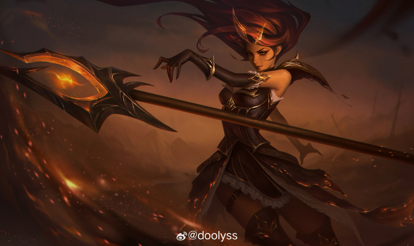 1girl absurdres alternate_costume artist_name black_dress black_gloves breasts brown_hair chinese_commentary chromatic_aberration closed_mouth cowboy_shot doolyss dress dust elbow_gloves fog gloves hair_ornament highres incoming_attack janna_(league_of_legends) league_of_legends light_smile long_hair looking_ahead magic medium_breasts outdoors outstretched_arm red_eyes sleeveless sleeveless_dress smile solo wind