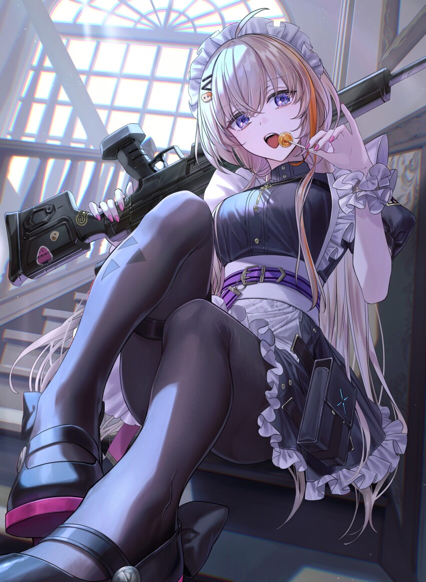 1girl absurdres ahoge animal_hair_ornament apron belt belt_buckle black_bow black_dress black_pantyhose black_shoes blonde_hair blue_eyes bow breasts buckle buttons candy chromatic_aberration crossed_bangs dress fingernails food footwear_bow frilled_apron frilled_dress frilled_wrist_cuffs frills fura_kanato genderswap genderswap_(mtf) gold_necklace gun hair_between_eyes hair_ornament hairclip hands_up hashtag-only_commentary high_heels highres holding holding_candy holding_food holding_gun holding_lollipop holding_weapon indoors jewelry legs light_particles lollipop long_hair looking_at_viewer maid maid_headdress medium_breasts multicolored_hair nail_polish necklace nijisanji nonon_813 open_mouth orange_hair pantyhose picture_frame pink_nails pouch puffy_short_sleeves puffy_sleeves purple_belt railing rifle shadow shoes short_sleeves sidelocks sitting sitting_on_stairs sniper_rifle solo stairs sticker streaked_hair teeth thigh_strap tongue tongue_out upper_teeth_only very_long_hair virtual_youtuber waist_apron weapon white_apron window wrist_cuffs