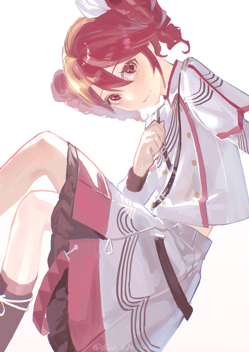 1girl absurdres ankle_socks black_boots black_sleeve_cuffs blue_e84 boots bow buttons double-breasted drill_hair from_side grey_skirt hair_between_eyes hair_bow hair_ribbon hand_up highres kasane_teto kasane_teto_(sv) layered_skirt layered_sleeves long_sleeves looking_at_viewer looking_to_the_side midriff_peek musical_staff musical_staff_print red_eyes red_hair red_skirt red_socks red_trim ribbon simple_background skirt skirt_set socks solo striped_clothes striped_skirt synthesizer_v twin_drills utau white_background white_bow white_ribbon