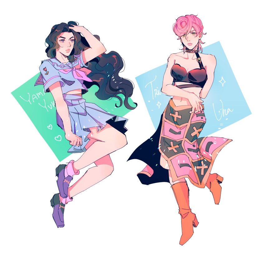 2girls absurdres black_bra black_hair boots bra choker closed_mouth commentary english_commentary full_body hand_in_own_hair heart highres jojo_no_kimyou_na_bouken long_hair long_skirt math multiple_girls pink_hair pompadour sailor_collar seirorath short_sleeves side_slit skirt trish_una underwear yamagishi_yukako