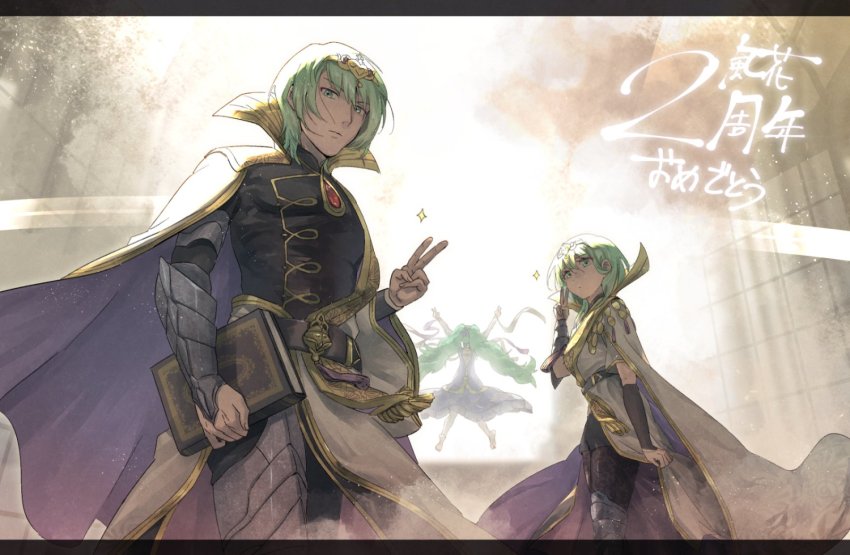 1boy 2girls alternate_costume arm_guards asymmetrical_clothes backlighting book double_bun dress dual_persona expressionless female_byleth_(enlightened)_(fire_emblem) female_byleth_(fire_emblem) female_byleth_(the_fodlan_light)_(fire_emblem) fire_emblem fire_emblem:_three_houses green_hair hair_bun highres jumping korokoro_daigorou looking_at_viewer male_byleth_(enlightened)_(fire_emblem) male_byleth_(fire_emblem) male_byleth_(the_fodlan_star)_(fire_emblem) multiple_girls nintendo official_alternate_costume pantyhose pantyhose_under_shorts short_shorts shorts sothis_(fire_emblem) tiara twintails v