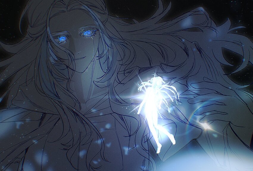2girls black_background blue_eyes capelet crying crying_with_eyes_open film_grain final_fantasy final_fantasy_xiv fu4tyyyy glowing glowing_eyes long_hair minfilia_warde multiple_girls parted_lips silhouette size_difference tears upper_body venat_(ff14) white_capelet white_hair