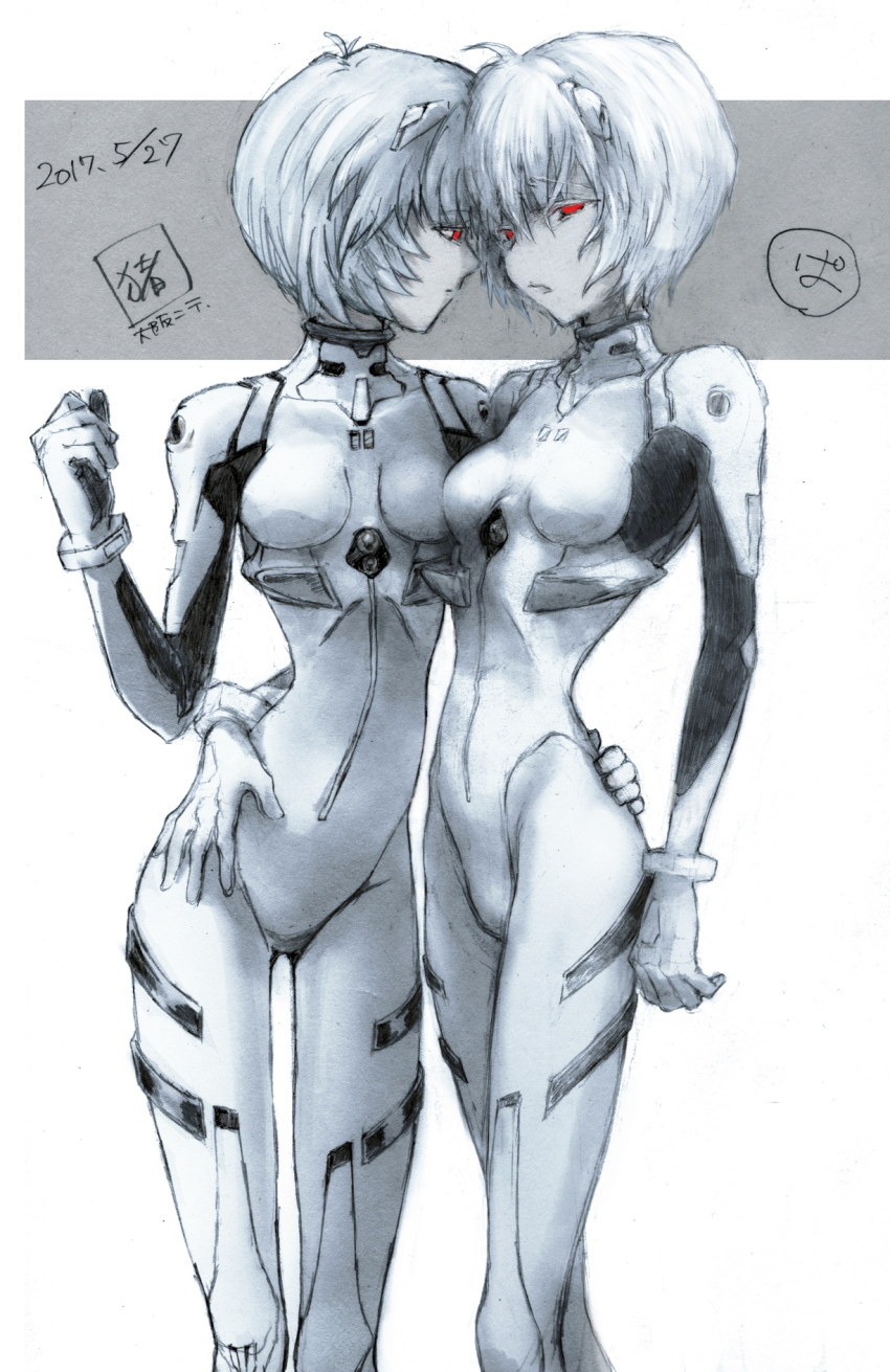 2girls ayanami_rei blue_hair bodysuit evangelion_(mecha) hairpods hand_on_own_hip heads_together highres interface_headset_(evangelion) looking_at_another mecha_pilot_suit multiple_girls neon_genesis_evangelion payama plugsuit plugsuit_(evangelion) red_eyes red_hair short_hair tagme white_background white_bodysuit