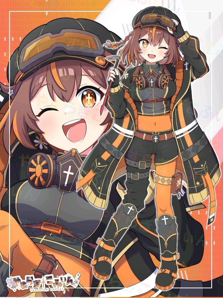 1girl ;d arm_up belt black_boots black_coat black_gloves black_hat black_shirt black_shorts blush boots bow braid breasts brown_belt brown_hair character_name coat commentary_request covered_navel cross-shaped_pupils crowbar eyewear_on_head fingerless_gloves full_body gloves goggles hair_bow hat headphones headphones_around_neck highres holding holding_crowbar indie_virtual_youtuber long_sleeves looking_at_viewer medium_breasts midriff miz_(mizillustration) multicolored_hair multiple_views one_eye_closed open_clothes open_coat open_mouth orange_bow orange_hair second-party_source shirt short_hair shorts single_braid smile standing streaked_hair symbol-shaped_pupils teeth virtual_youtuber yasuragi_coffin