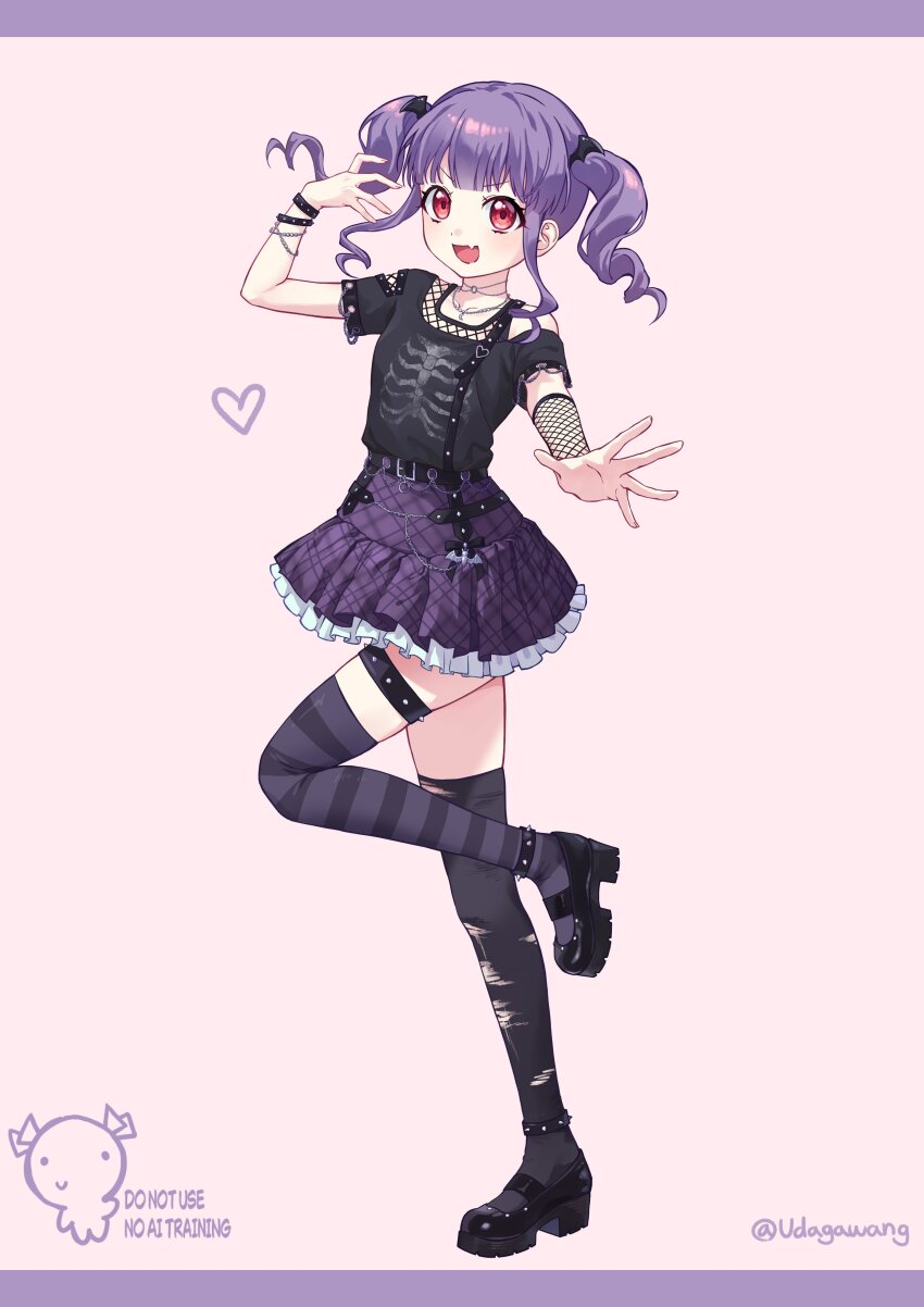 1girl :d absurdres bang_dream! bat_(animal) belt black_belt black_shirt black_shoes black_thighhighs bone_print bracelet chain fang frilled_skirt frills full_body heart highres horizontal-striped_thighhighs jewelry looking_at_viewer open_mouth purple_background purple_hair purple_skirt purple_thighhighs red_eyes shirt shoes short_sleeves single_bare_shoulder single_fishnet_armwear skirt smile solo thighhighs torn torn_clothes torn_thighhighs twintails two-tone_thighhighs udagawa_ako udagawang watermark white_background