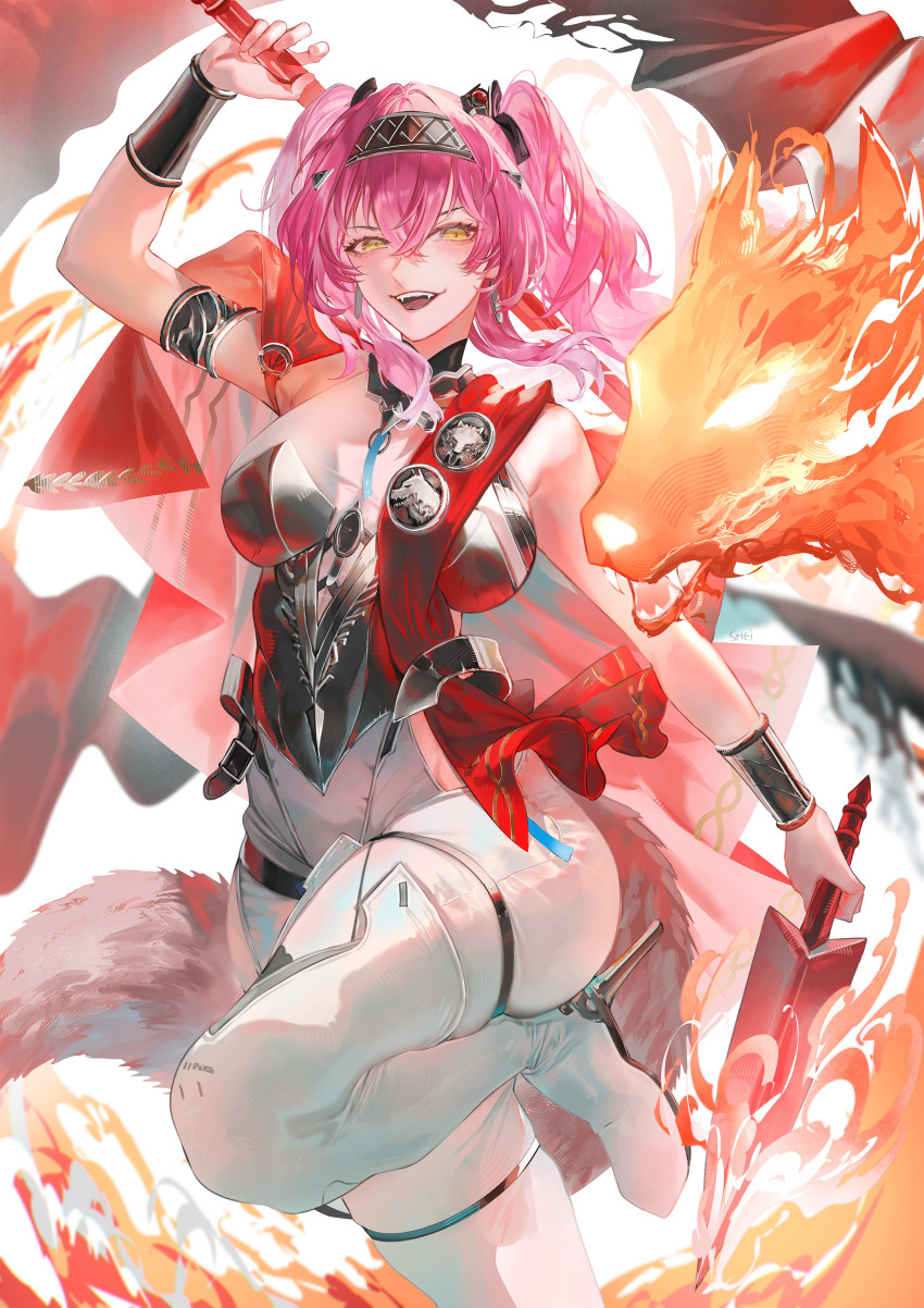 1girl absurdres armlet armor asymmetrical_dual_wielding bare_shoulders black_bow bodysuit boots bow breastplate breasts commentary dual_wielding hair_between_eyes hair_bow hairband high_heels highres holding holding_polearm holding_sword holding_weapon jewelry large_breasts leg_up long_hair looking_at_viewer lupa_(wuthering_waves) metal_hairband open_mouth pink_hair polearm shei99 smile solo sword thigh_boots twintails weapon white_bodysuit white_boots wrist_guards wuthering_waves yellow_eyes