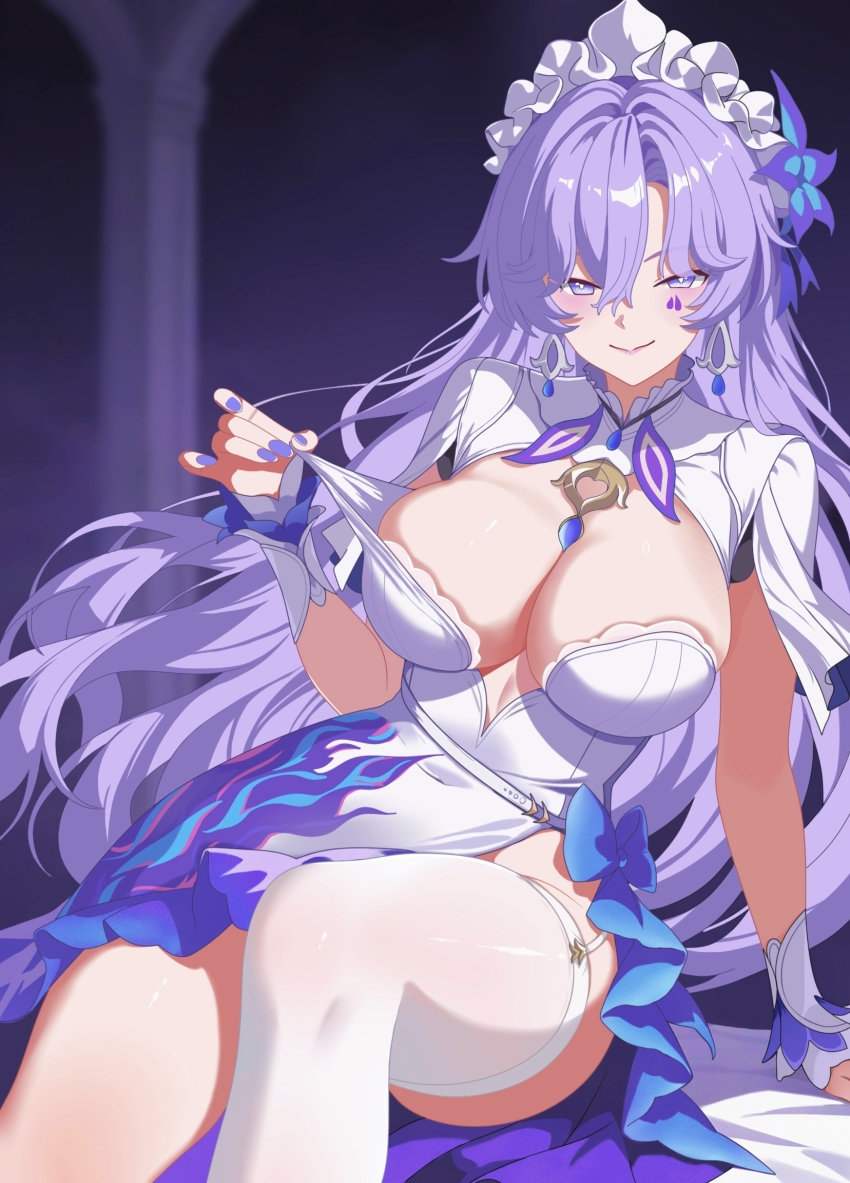 1girl breasts cantarella_(wuthering_waves) chinese_commentary cleavage cleavage_cutout closed_mouth clothing_cutout collared_dress commentary_request dress ear_ornament facial_tattoo flower frilled_headband hair_between_eyes hair_flower hair_ornament hand_up highres large_breasts light_blush long_hair looking_at_viewer multicolored_dress nail_polish purple_dress purple_hair purple_nails sitting sleeveless sleeveless_dress smile solo tattoo thighhighs very_long_hair weitaming_c white_dress white_thighhighs wuthering_waves