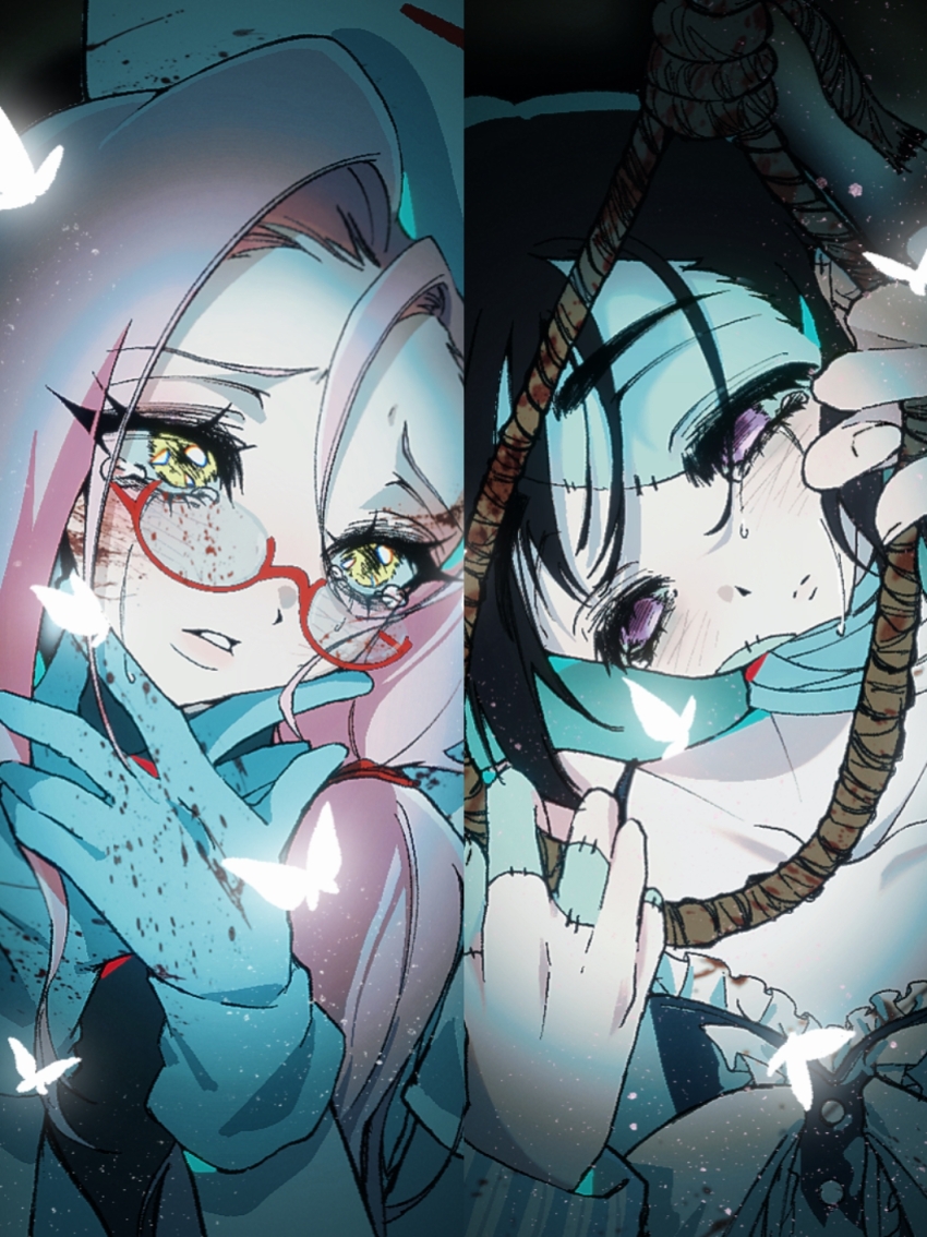 2girls alien_stage alternate_costume bandaged_neck bandages black_hair blood blood_on_face blood_on_hands blue_gloves bug butterfly chinese_commentary commentary_request cropped frills gloves hair_ornament hair_over_shoulder hairclip hat highres insect long_hair mizi_(alien_stage) multiple_girls noose nurse nurse_cap parted_lips partial_commentary pink_hair purple_eyes rope sewn_together shirt short_hair signature striped_clothes striped_shirt sua_(alien_stage) tears tu_juan yellow_eyes