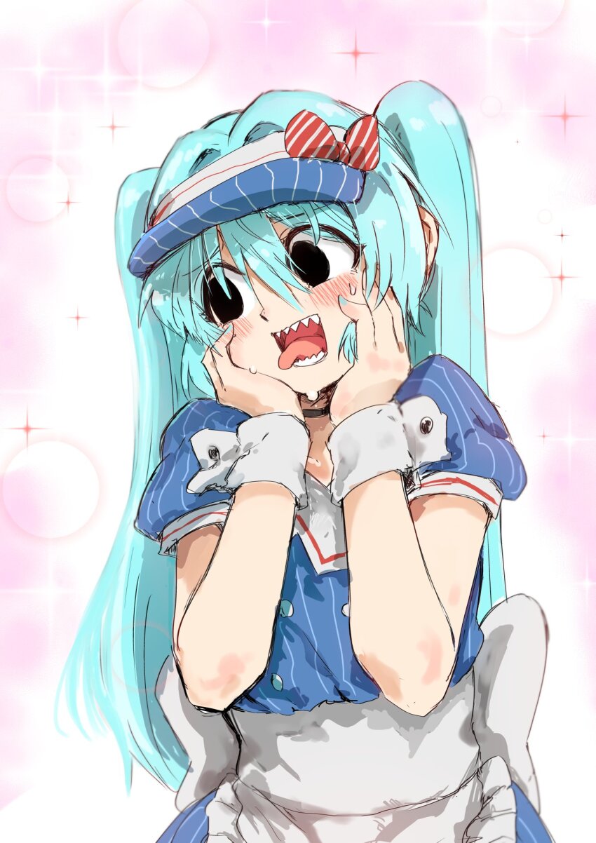 1girl apron black_choker black_eyes blue_dress blue_hair blue_hat blush bow buttons choker dress flat_chest hair_between_eyes hands_on_own_cheeks hands_on_own_face hat hat_bow hatsune_miku highres icarus_(2010741) looking_to_the_side mesmerizer_(vocaloid) pink_background pinstripe_bow pinstripe_dress pinstripe_hat pinstripe_pattern red_bow sailor_collar sharp_teeth short_sleeves solo teeth tongue tongue_out twintails visor_cap vocaloid waist_apron white_apron white_sailor_collar white_wrist_cuffs wrist_cuffs