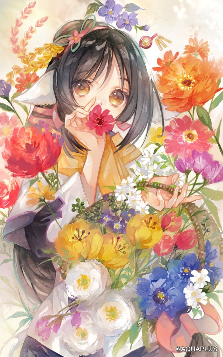 1girl aquaplus black_hair blue_flower brown_eyes colorful commentary_request copyright_notice flower flower_over_mouth hair_flower hair_ornament highres holding holding_flower kuon_(utawarerumono) looking_at_viewer niwa_haruki official_art orange_flower pink_flower purple_flower red_flower solo utawarerumono utawarerumono:_lost_flag white_footwear yellow_flower