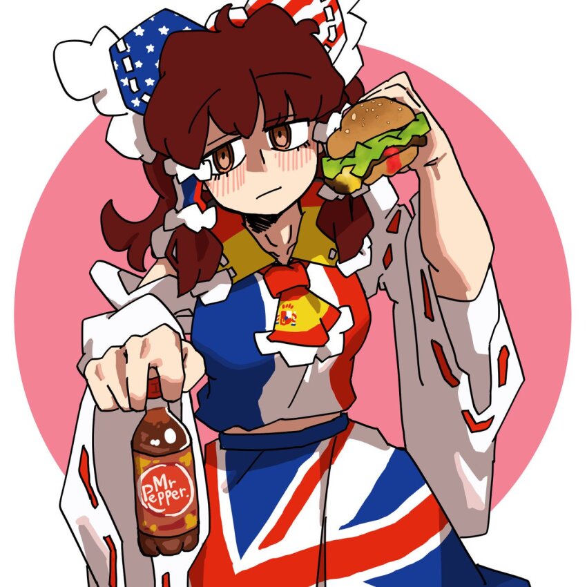 1girl alternate_color american_flag american_flag_print ascot blush bow brown_eyes brown_hair burger closed_mouth commentary cowboy_shot detached_sleeves dr_pepper english_commentary expressionless flag_print food french_flag french_flag_print frilled_hair_tubes frilled_shirt_collar frills hair_bow hair_tubes hakurei_reimu highres holding holding_burger holding_food looking_at_viewer medium_hair okinanocanvas pink_background print_ascot print_bow print_shirt red_bow ribbon-trimmed_sleeves ribbon_trim shirt sidelocks simple_background sleeveless sleeveless_shirt solo spanish_flag spanish_flag_print touhou two-tone_background union_jack union_jack_print white_background white_sleeves wide_sleeves