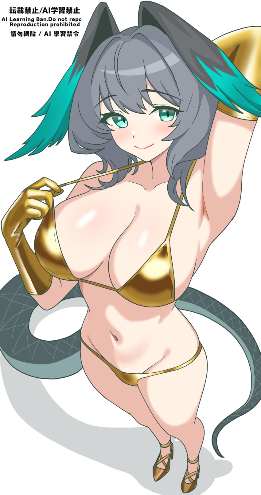 1girl absurdres aqua_eyes arknights arm_behind_head arm_up armpits bare_legs bare_shoulders bikini bikini_tug breasts cleavage collarbone commentary_request eggplant7217 elbow_gloves feathered_wings from_above full_body gloves gold_bikini gold_gloves gold_shoes grey_hair groin hair_between_eyes head_wings highres ho&#039;olheyak_(arknights) large_breasts legs light_blush long_tail looking_at_viewer looking_up medium_hair navel shadow shiny_clothes shiny_skin shoes sidelocks simple_background smile snake_tail solo spaghetti_strap standing stomach string_bikini swimsuit tail thighs white_background wings