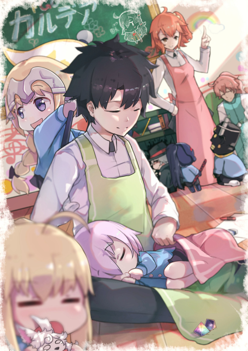 4boys 5girls absurdres aged_down ahoge apron artoria_pendragon_(fate) berserker_(fate/zero) black_hair black_hat blanket blonde_hair blue_eyes blurry blush braid chalkboard chibi child closed_eyes darius_iii_(fate) depth_of_field edmond_dantes_(fate) fate/apocrypha fate/grand_order fate_(series) fou_(fate) fujimaru_ritsuka_(female) fujimaru_ritsuka_(male) grey_hair hand_on_own_hip hat headpiece highres index_finger_raised indoors jeanne_d&#039;arc_(fate) jeanne_d&#039;arc_(ruler)_(fate) long_hair looking_at_another mash_kyrielight multiple_boys multiple_girls olga_marie_animusphere open_mouth orange_hair pantie_painting pink_apron purple_hair romani_archaman saber_(fate) saint_quartz_(fate) seiza short_hair side_ponytail sitting smile yellow_eyes