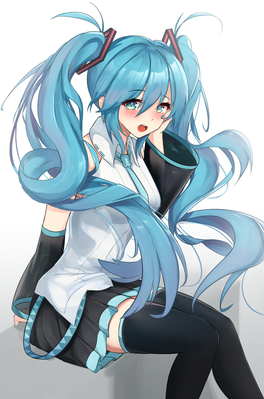 1girl aqua_eyes arm_support bare_shoulders black_skirt black_sleeves black_thighhighs blush collared_shirt commentary_request detached_sleeves feet_out_of_frame gradient_background grey_background hair_between_eyes hair_ornament hand_on_own_cheek hand_on_own_face hand_up hatsune_miku hatsune_miku_(vocaloid4)_(chinese) headphones headset highres long_hair long_sleeves looking_at_viewer necktie open_mouth pleated_skirt shirt sitting skirt sleeveless sleeveless_shirt smile solo soveno thighhighs twintails very_long_hair vocaloid white_background white_shirt zettai_ryouiki