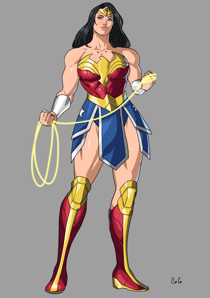 1girl absurdres bare_shoulders black_hair blue_eyes boots bracer breasts circlet cody_conyers_(stellaravenger) comic_cover cosplay dc_comics highres holding_lasso large_breasts lasso lasso_of_truth leotard lips long_hair looking_at_viewer muscular muscular_female simple_background solo superhero_costume thick_thighs thighs wonder_woman wonder_woman_(cosplay) wonder_woman_(series)