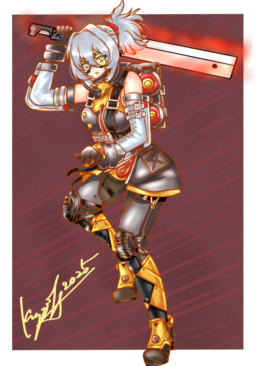 1girl absurdres bare_shoulders black_gloves brown_background gloves goggles grey_hair hair_between_eyes highres holding holding_sword holding_weapon kyota028 open_mouth orange-tinted_eyewear orange_eyes ponytail short_hair simple_background soldier_11_(zenless_zone_zero) solo sword tinted_eyewear weapon white_hair yellow-tinted_eyewear zenless_zone_zero
