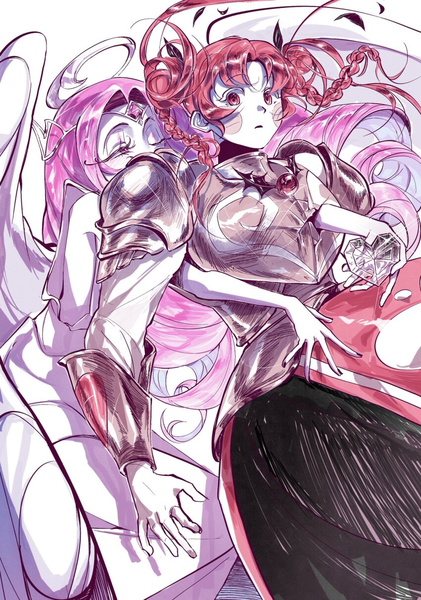 2girls angel angel_wings armor breasts colored_skin cookie_run cookie_run:_kingdom dark-skinned_female dark_skin demon_girl demon_wings double_bun dress elbow_gloves eternal_sugar_cookie gloves hair_bun highres hollyberry_cookie hug hug_from_behind island_inst long_hair looking_at_another medium_breasts multiple_girls pink_dress pink_eyes pink_hair pink_skin puffy_short_sleeves puffy_sleeves short_sleeves solo very_long_hair white_dress white_gloves wings yuri