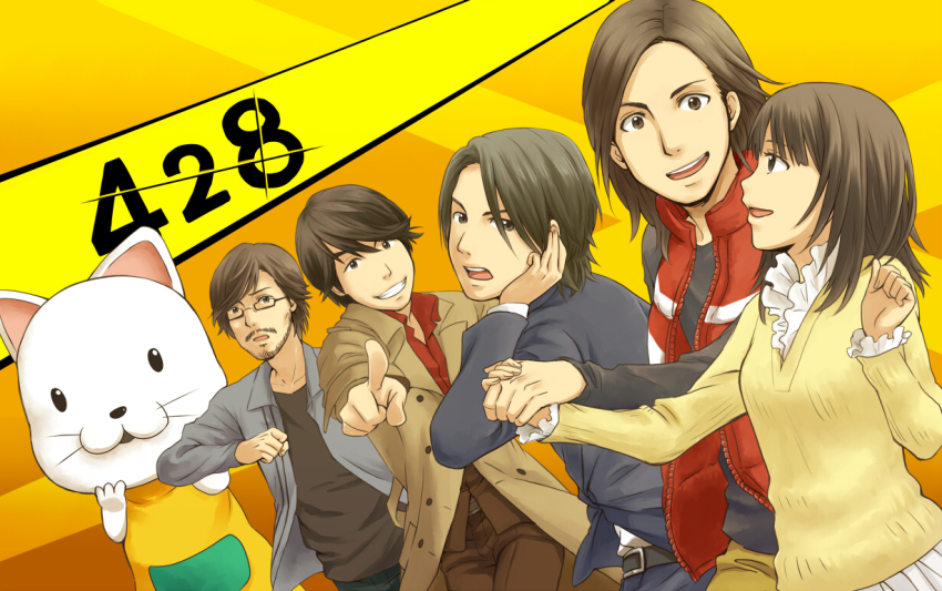 428_shibuya_scramble beige_coat black_shirt blouse blue_suit brown_hair brown_pants coat endou_achi grey_jacket jacket kanou_shinya mascot mascot_costume minorikawa_minoru oosawa_hitomi_(428_shibuya_scramble) oosawa_kenji pants pointing pointing_at_viewer red_jacket red_shirt risakko3 shirt smile suit tama_(428_shibuya_scramble) title white_shirt yellow_jacket