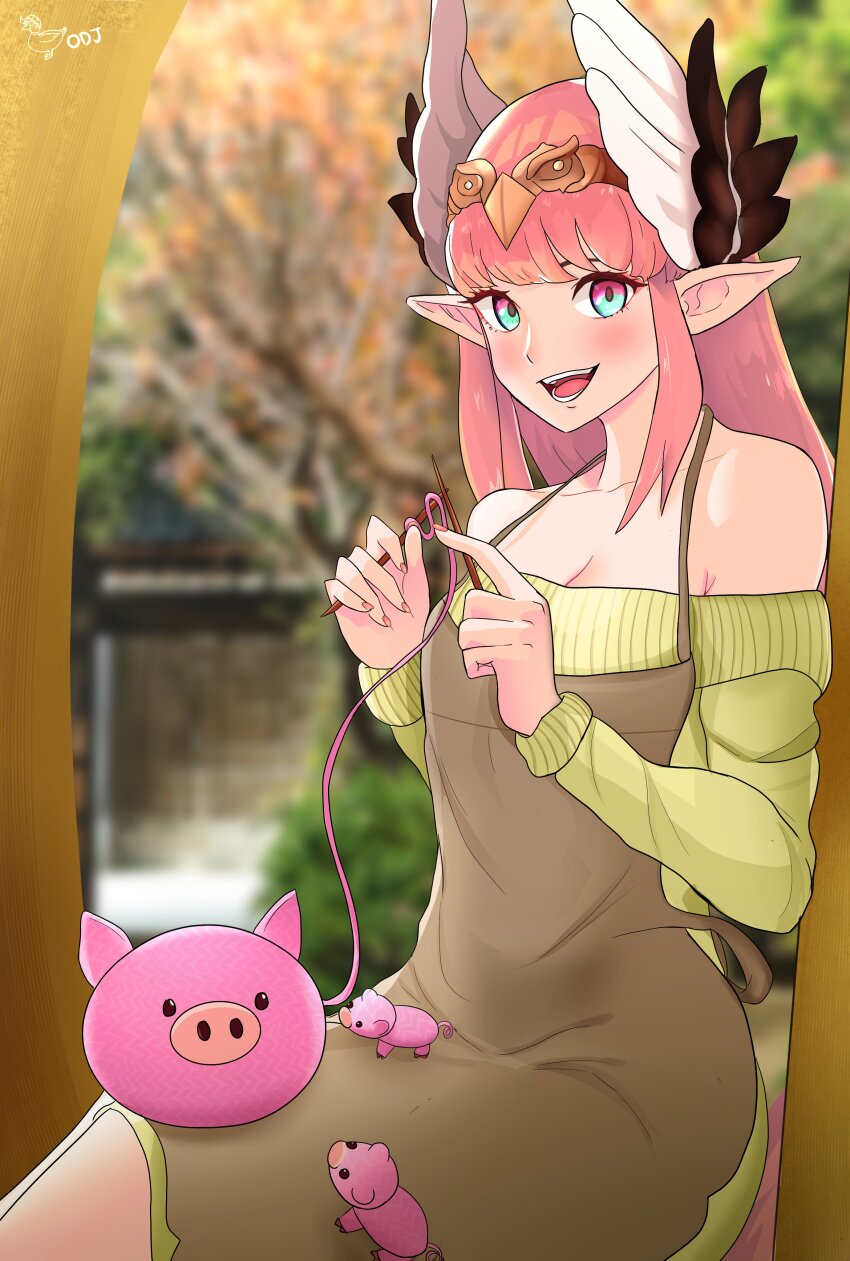 1girl absurdres apron aqua_eyes bare_shoulders blush breasts brown_apron circe_(fate) circlet cleavage dress fate/grand_order fate_(series) feathered_wings green_dress head_wings highres knitting knitting_needle long_hair long_sleeves looking_at_viewer needle off_shoulder oldmanjenkins84 open_mouth pink_hair pointy_ears sidelocks small_breasts smile solo stuffed_toy sweater sweater_dress wings