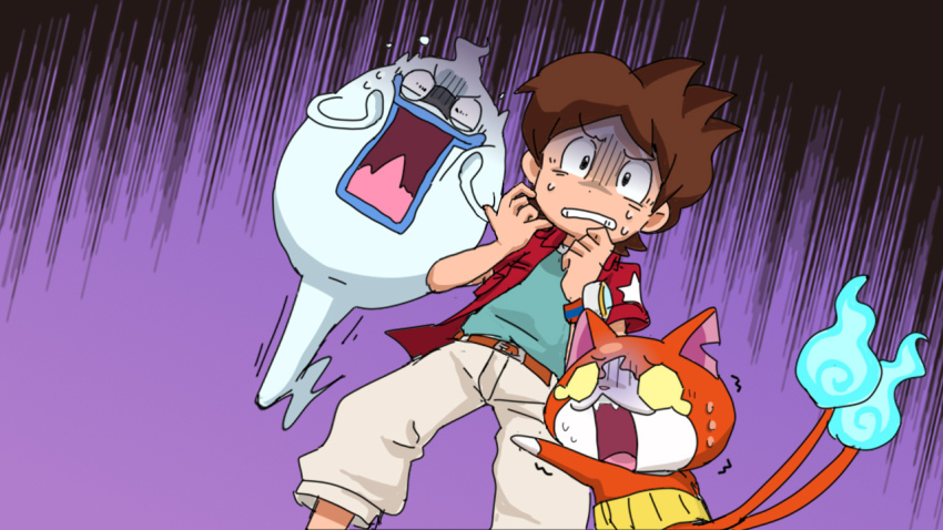 1boy amano_keita aqua_shirt belt black_background brown_belt brown_hair clenched_teeth creature dutch_angle feet_out_of_frame flying_sweatdrops furrowed_brow gloom_(expression) hands_up hugging_another&#039;s_leg jacket jibanyan kuriki90333 legs_apart looking_ahead looking_to_the_side male_focus motion_lines nervous_sweating open_clothes open_jacket open_mouth pants purple_background red_jacket sanpaku shaking shirt short-sleeved_jacket short_hair short_sleeves side-by-side smear_frame spiked_hair standing sweat teeth two-tone_background whisper_(youkai_watch) white_pants youkai_(youkai_watch) youkai_watch