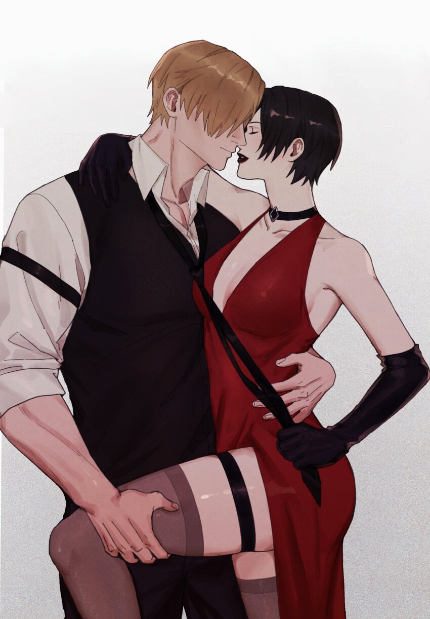 1boy 1girl aaamber_22 absurdres ada_wong arm_around_neck arm_around_waist bare_shoulders black_choker black_gloves black_hair black_lips black_necktie black_pants black_vest blonde_hair breasts choker cleavage closed_eyes clothes_grab collared_shirt couple cowboy_shot dress elbow_gloves gloves gradient_background grey_thighhighs hair_over_eyes hand_on_another&#039;s_thigh hetero highres imminent_kiss leon_s._kennedy long_dress medium_breasts necktie necktie_grab neckwear_grab pants parted_lips plunging_neckline red_dress resident_evil shirt short_hair side_slit thighhighs vest white_shirt