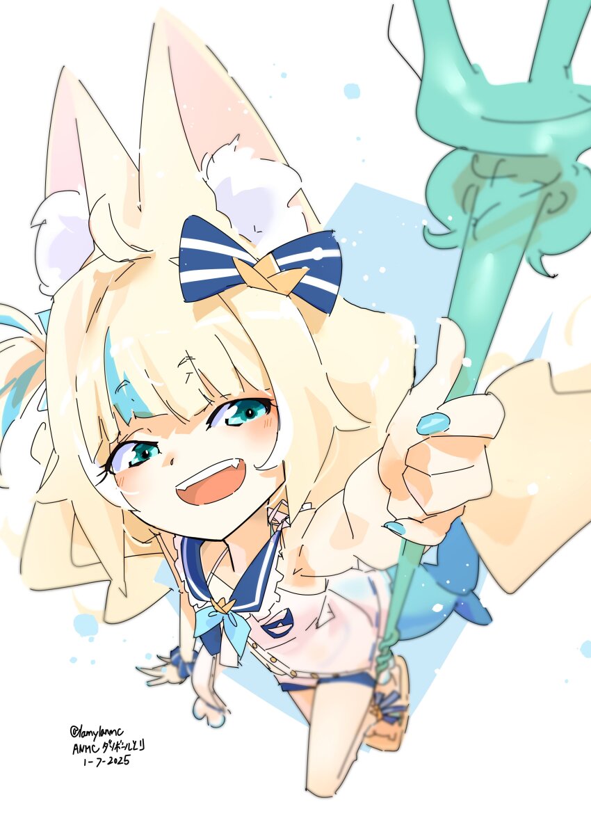 1girl absurdres ahoge animal_ears anmc blonde_hair blue_bow blue_eyes blue_hair blue_nails bow cat_ears dress fins fish_girl fish_tail hair_bow highres holding holding_polearm holding_weapon indie_virtual_youtuber lifebuoy_hair_ornament long_hair low_twintails multicolored_hair nail_polish one_side_up polearm sameko_saba short_shorts shorts sleeveless sleeveless_dress smile solo streaked_hair tail teeth twintails upper_teeth_only very_long_hair virtual_youtuber weapon white_dress white_shorts