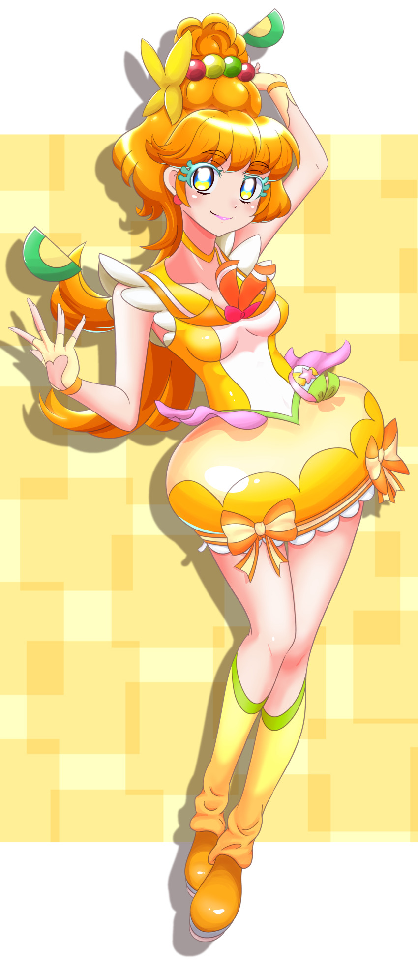 1girl absurdres aged_up bebii blue_eyes breasts choker colored_eyelashes cure_papaya dress earrings eyelash_ornament fingerless_gloves full_body gloves hair_ornament heart highres ichinose_minori jewelry lips long_hair looking_at_viewer magical_girl medium_breasts mismatched_eyelashes orange_hair orange_shoes precure sailor_collar shoes skirt smile solo symbol_in_eye thick_eyelashes tropical-rouge!_precure yellow_choker yellow_dress yellow_gloves yellow_sailor_collar