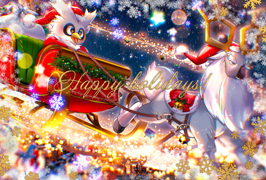 artist_name beak bell black_sclera brown_eyes colored_sclera delibird ekm flying fur-trimmed_headwear fur_trim gen_2_pokemon gift happy_holidays hat holding holding_rope horns illumination nintendo open_mouth pokemon pokemon_(creature) rope sack saddle santa_hat sleigh snowflakes star_(symbol) wyrdeer