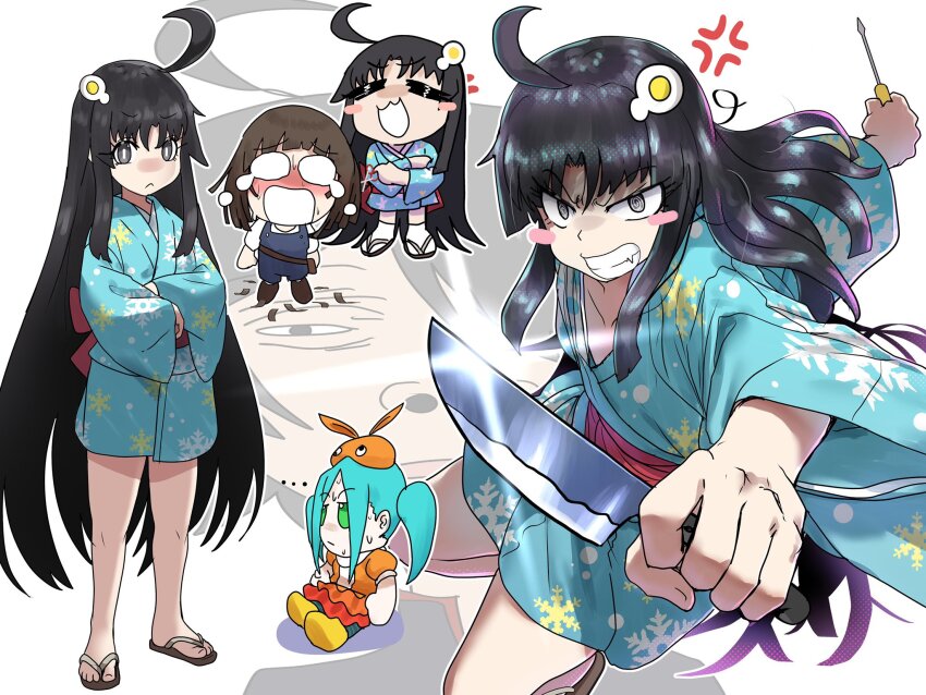 ... 1boy 3girls :&lt; =_= @_@ ahoge anger_vein araragi_koyomi araragi_tsukihi black_eyes black_hair blank_eyes blue_kimono blue_overalls blush blush_stickers bright_pupils brown_hair character_doll chibi chibi_inset clenched_teeth closed_mouth commentary crying cutting_another&#039;s_hair cutting_hair dual_wielding ebora egg_hair_ornament english_commentary feet food-themed_hair_ornament fumo_(doll) glint hair_ornament highres holding holding_knife holding_screwdriver japanese_clothes kimono kitchen_knife knife long_hair looking_at_viewer monogatari_(series) multiple_girls multiple_views obi ononoki_yotsugi open_mouth overalls print_kimono projected_inset red_sash sandals sash screwdriver sengoku_nadeko smile snowflake_print standing tabi teeth toes v-shaped_eyebrows very_long_hair white_pupils wide_sleeves