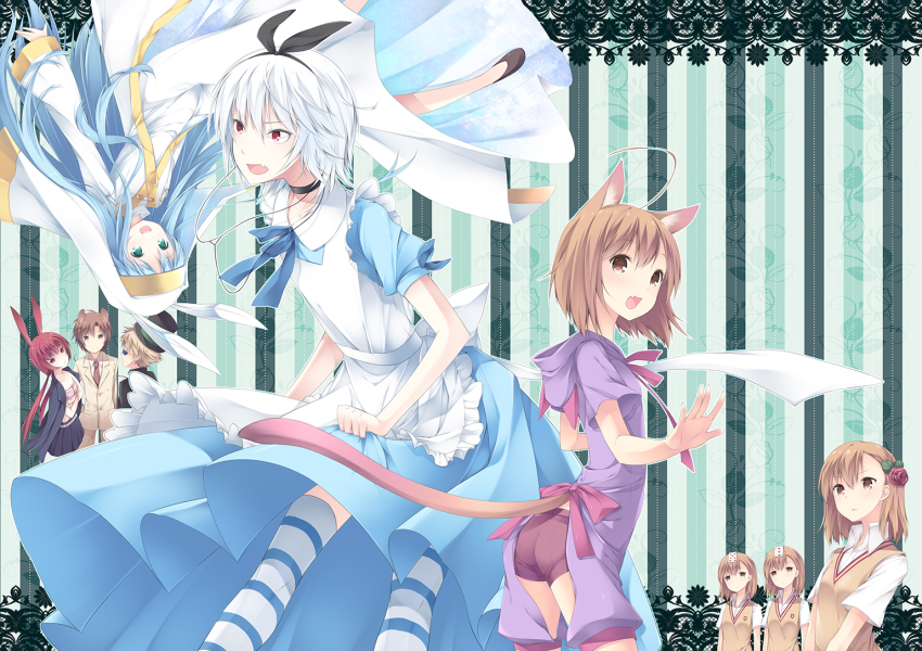 3boys 6+girls accelerator_(toaru_majutsu_no_index) ahoge alice&#039;s_adventures_in_wonderland animal_ears blue_hair brown_eyes brown_hair rabbit_ears card cat_ears cat_tail choker crossdressing etzali flower green_eyes habit index_(toaru_majutsu_no_index) last_order_(toaru_majutsu_no_index) long_hair maid misaka_imouto misaka_mikoto multiple_boys multiple_girls musujime_awaki nun parody red_eyes red_hair safety_pin sagami_rin sarashi school_uniform shorts skirt sunglasses tail thighhighs toaru_majutsu_no_index tsuchimikado_motoharu unabara_mitsuki white_hair
