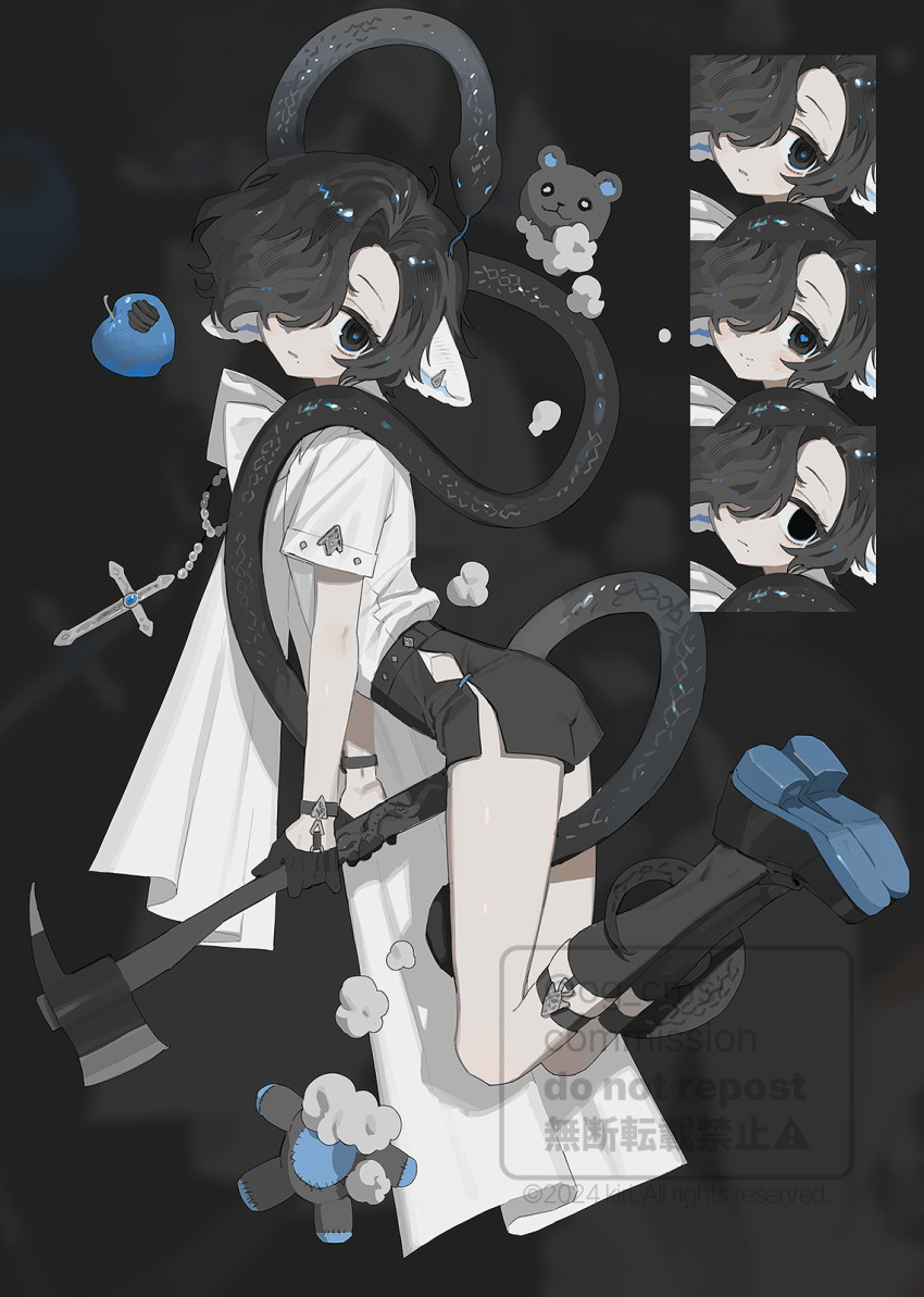 1boy animal axe black_gloves black_hair black_shorts blue_apple commentary commission doll full_body giant_snake gloves highres holding holding_axe looking_at_viewer multiple_expressions mumukyabi original oversized_animal reference_sheet shirt shoe_soles short_hair short_sleeves shorts snake socks solo stuffing white_shirt