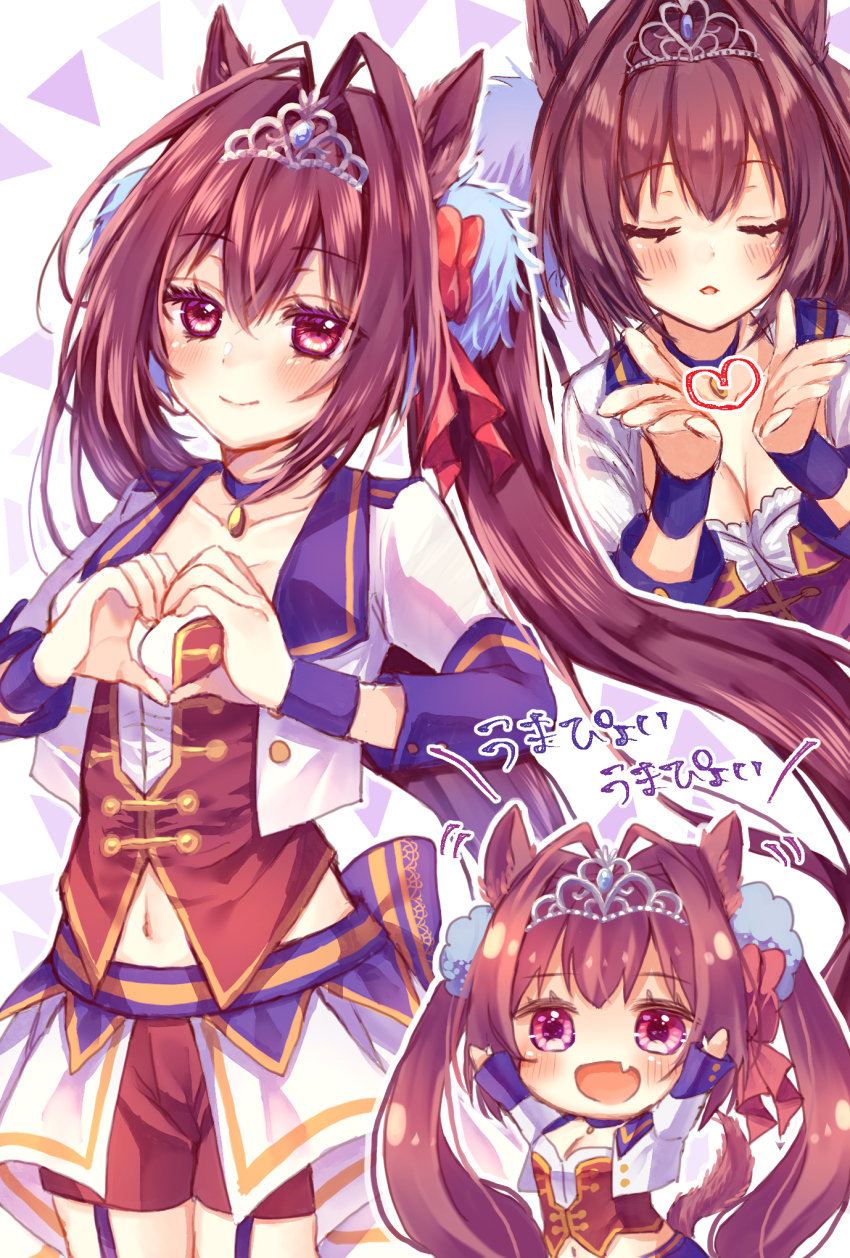1girl animal_ears arms_up blowing_kiss bow breasts chibi choker cleavage closed_mouth commentary_request cowboy_shot cropped_jacket daiwa_scarlet_(umamusume) fang hair_bow heart heart_hands highres horse_ears horse_girl jacket long_hair looking_at_viewer medium_breasts multiple_views open_clothes open_jacket open_mouth pendant_choker purple_choker purple_garter_straps red_bow red_eyes red_hair simple_background smile starting_future_(umamusume) tiara twintails umamusume umapyoi_densetsu upper_body very_long_hair white_background white_jacket xx_momomo_xx