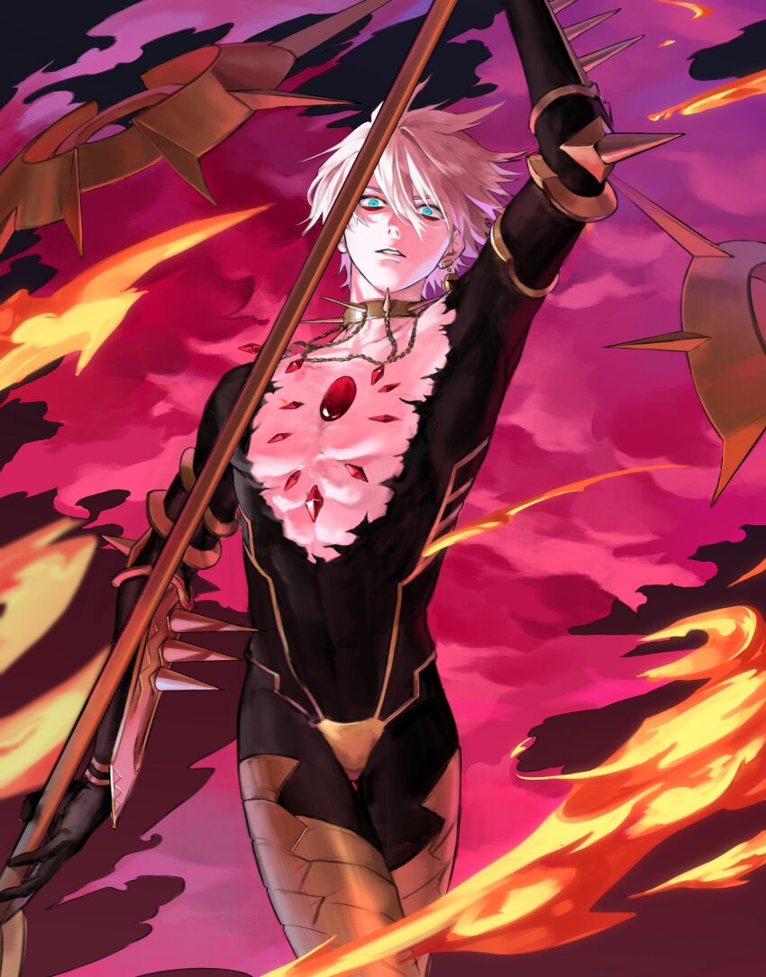 1boy absurdres arm_guards bishounen blue_eyes cape center_opening chest_jewel collar colored_skin cuisses earrings eyeshadow fate/apocrypha fate/grand_order fate_(series) fire floating_cape hair_between_eyes highres holding holding_polearm holding_weapon jewelry karna_(fate) korean_commentary looking_at_viewer makeup male_focus pale_skin polearm potato_goril red_cape red_eyeshadow shin_guards short_hair solo spear spiked_collar spikes vasavi_shakti_(fate) weapon white_hair white_skin