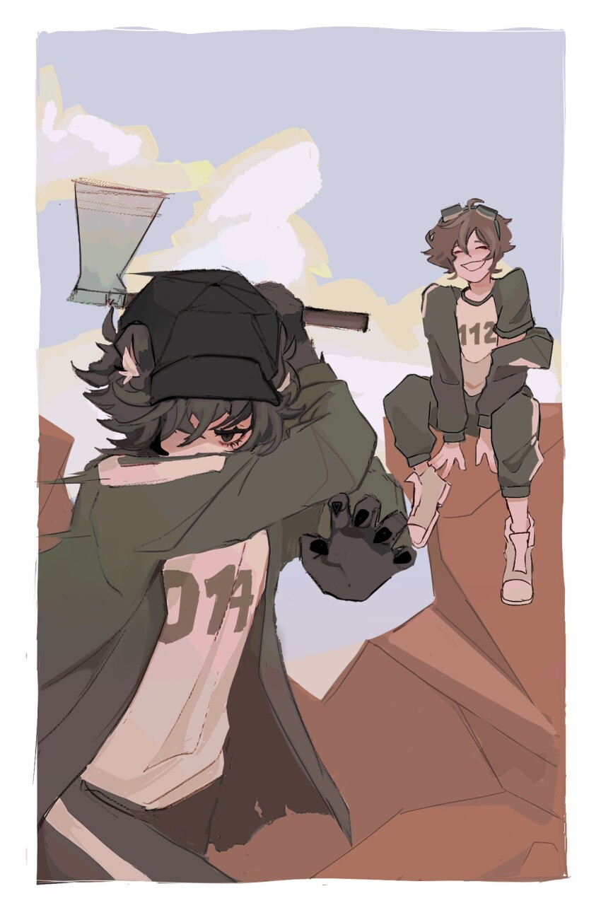 2boys ^_^ animal_ears animal_hands animification axe bags_under_eyes baseball_cap bear_boy bear_ears black_fur black_hair black_hat border brown_hair claws closed_eyes cloud commentary_request esports eyelashes goggles goggles_on_head green_jacket grey_eyes grin hair_over_one_eye hat highres holding holding_axe humanization incoming_attack jacket karl_jacobs male_focus minecraft_youtube monster_boy multiple_boys number_print official_alternate_costume open_clothes open_jacket outdoors protecting shirt short_hair sitting sky smile spanish_commentary spreendmc squid_craft_games squid_game track_suit twitch_rivals waltter_sun white_border white_shirt