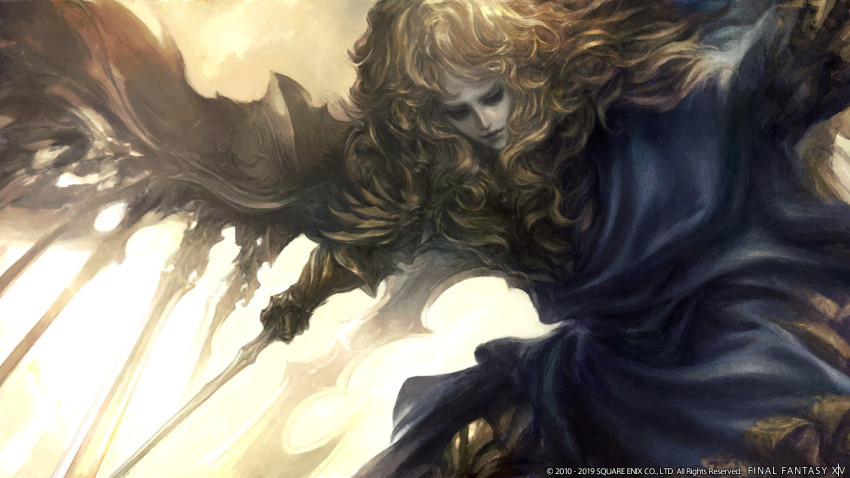 1boy androgynous artist_request black_eyes blonde_hair blue_robe cloud company_name copyright_name copyright_notice cowboy_shot day final_fantasy final_fantasy_xiv gauntlets highres holding holding_sword holding_weapon innocence_(final_fantasy) long_hair looking_to_the_side male_focus official_art outstretched_arm robe sky smile solo sword wavy_hair weapon wing_armor wings yellow_sky