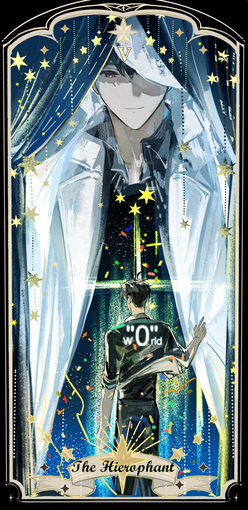 2boys absurdres black_coat black_shirt border brown_eyes canvas_texture coat confetti curtains english_text gradient_background halo hand_on_another&#039;s_chest highres kim_dokja lantercat looking_at_another multiple_boys omniscient_reader&#039;s_viewpoint one_eye_covered open_clothes open_shirt ornate_border shirt size_difference sleeves_rolled_up smile spiked_halo star_(symbol) tarot the_hierophant_(tarot) walking yoo_joonghyuk