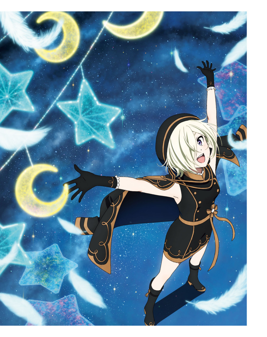 1girl artbook beret black_cape black_dress black_gloves blonde_hair boots cape crescent_moon dress feathers from_above full_body gloves hair_over_one_eye hat highres looking_at_viewer looking_up love_live! love_live!_nijigasaki_high_school_idol_club mia_taylor moon night night_sky non-web_source official_art open_mouth outstretched_arms purple_eyes short_hair sky sleeveless sleeveless_dress smile solo standing star_(sky) star_(symbol) starry_sky yokota_takumi