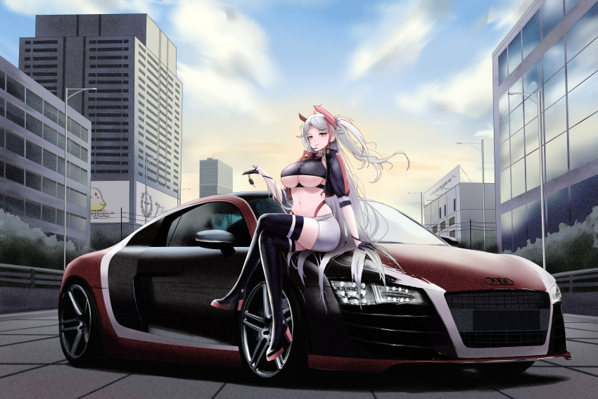 1girl absurdres audi azur_lane boots breasts brown_eyes car car_keys cityscape cropped_jacket full_body gloves headset high_heel_boots high_heels highres kcar66t large_breasts long_hair motor_vehicle navel need_for_speed need_for_speed:_carbon official_alternate_costume on_car parted_lips prinz_eugen_(azur_lane) prinz_eugen_(final_lap)_(azur_lane) product_placement race_queen silver_hair sitting skirt solo thighhighs thighs two_side_up underboob vehicle_focus
