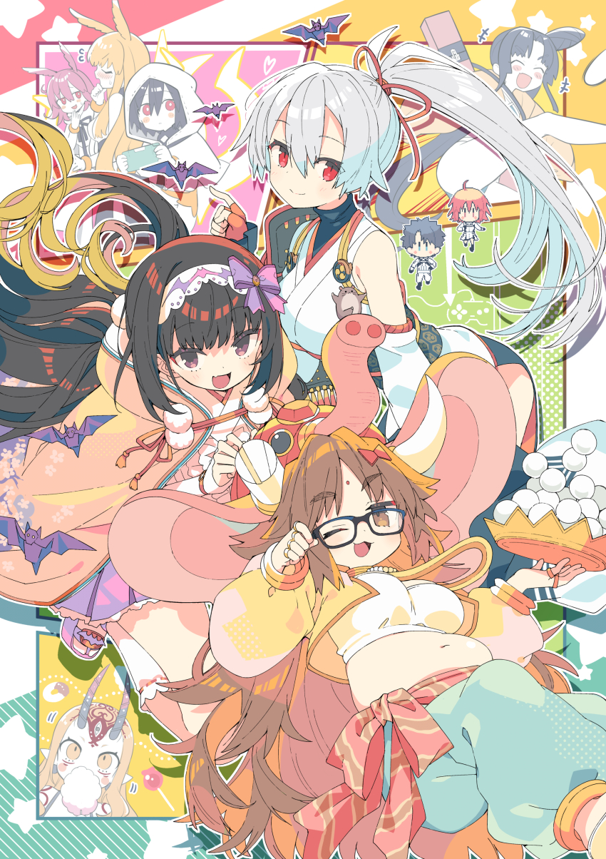 1boy 6+girls absurdres baggy_pants bandeau bare_shoulders belly black_hair blonde_hair blue_hakama blue_pants blush bow breasts brown_eyes brown_hair chibi cotton_candy cropped_shirt detached_collar detached_sleeves elephant_hat facial_mark fate/grand_order fate_(series) fingerless_gloves forehead forehead_mark fujimaru_ritsuka_(female) fujimaru_ritsuka_(female)_(decisive_battle_chaldea_uniform) fujimaru_ritsuka_(male) fujimaru_ritsuka_(male)_(decisive_battle_chaldea_uniform) ganesha_(fate) glasses gloves hair_between_eyes hair_bow hair_bun hair_pulled_back hairband hakama hakama_pants head_wings highres hildr_(fate) hip_vent horns ibaraki_douji_(fate) indian_clothes jacket japanese_clothes jewelry jinako_carigiri kimono long_hair long_sleeves looking_at_viewer medium_breasts messy_hair multiple_girls navel neck_ring obi one_eye_closed oni open_clothes open_mouth open_shirt orange_hair ortlinde_(fate) osakabehime_(fate) pants parted_bangs pink_hair pink_shirt plump ponytail puffy_short_sleeves puffy_sleeves purple_eyes purple_skirt red_bow red_eyes red_gloves sash shirt short_hair short_kimono short_sleeves side_ponytail sidelocks single_side_bun single_sleeve skirt smile tattoo thighs thrud_(fate) tomoe_gozen_(fate) ushiwakamaru_(fate) ushiwakamaru_(swimsuit_assassin)_(fate) ushiwakamaru_(swimsuit_assassin)_(first_ascension)_(fate) valkyrie_(fate) very_long_hair white_hair white_kimono white_shirt wings yellow_eyes yellow_jacket yellow_shirt yuzuki_gao