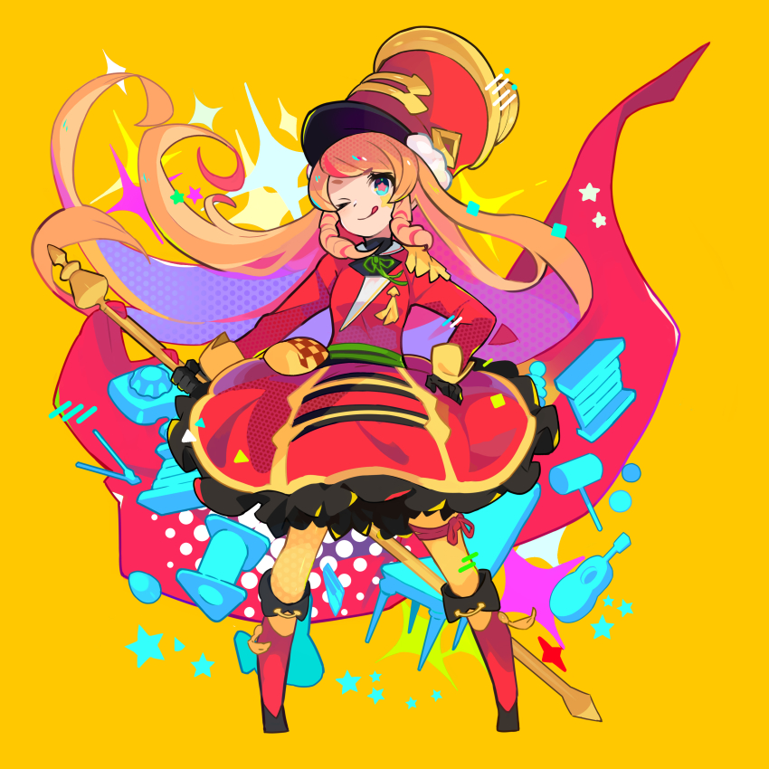 1girl :p absurdres acoustic_guitar band_uniform conductor_baton black_gloves blue_eyes boots chair commentary dress drill_hair drill_sidelocks drum_major drumsticks english_commentary epaulettes floating_hair full_body gloves guitar hand_on_own_hip hat head_tilt highres holding instrument kurumitsu large_hat leg_ribbon legs_apart light_blush long_hair long_sleeves looking_at_viewer mallet_(instrument) marching_band_baton neck_ribbon one_eye_closed orange_background orange_hair original petticoat red_dress ribbon short_eyebrows sidelocks simple_background smile solo sparkle star-shaped_pupils star_(symbol) symbol-shaped_pupils tassel thick_eyebrows thigh_ribbon tongue tongue_out very_long_hair xylophone