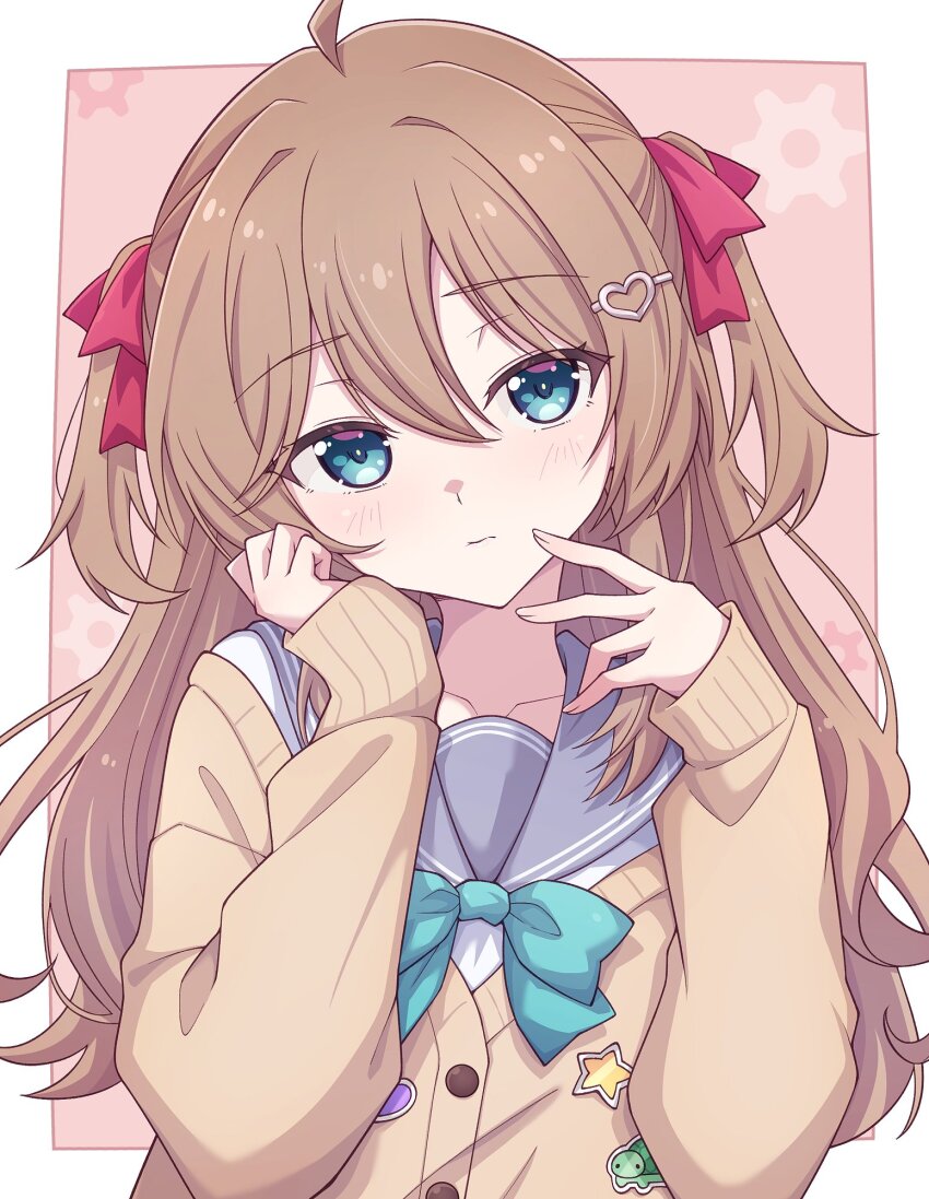 1girl ahoge blue_bow blue_bowtie blue_eyes blush border bow bowtie brown_hair closed_mouth commentary_request e20 grey_sailor_collar hair_between_eyes hair_ribbon hands_up highres indie_virtual_youtuber long_sleeves looking_at_viewer neuro-sama red_ribbon ribbon sailor_collar school_uniform serafuku shirt solo upper_body virtual_youtuber white_border white_shirt yellow_serafuku