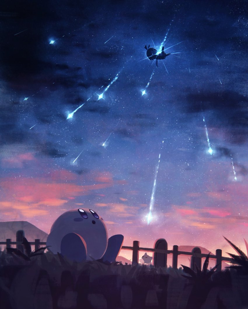 1girl blue_eyes blush_stickers crystal_shards fairy fairy_wings falling fence grass highres kirby kirby_(series) kirby_64 looking_up mountainous_horizon n-z nintendo open_mouth pink_sky ribbon_(kirby) sitting sky star_(sky) starry_sky sunrise suyasuyabi wings