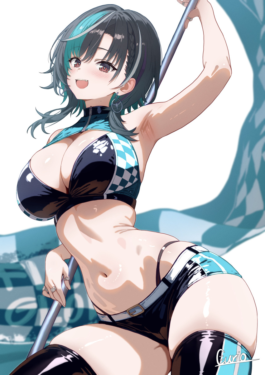 1girl :d aqua_hair arm_up armpits black_hair breasts crop_top curio_(curiofinity) earrings flag highres holding holding_flag hololive hololive_dev_is jewelry large_breasts medium_hair micro_shorts mole mole_on_neck multicolored_hair navel open_mouth panty_straps race_queen rindo_chihaya ring shorts skindentation smile solo stomach streaked_hair thighhighs thighs virtual_youtuber