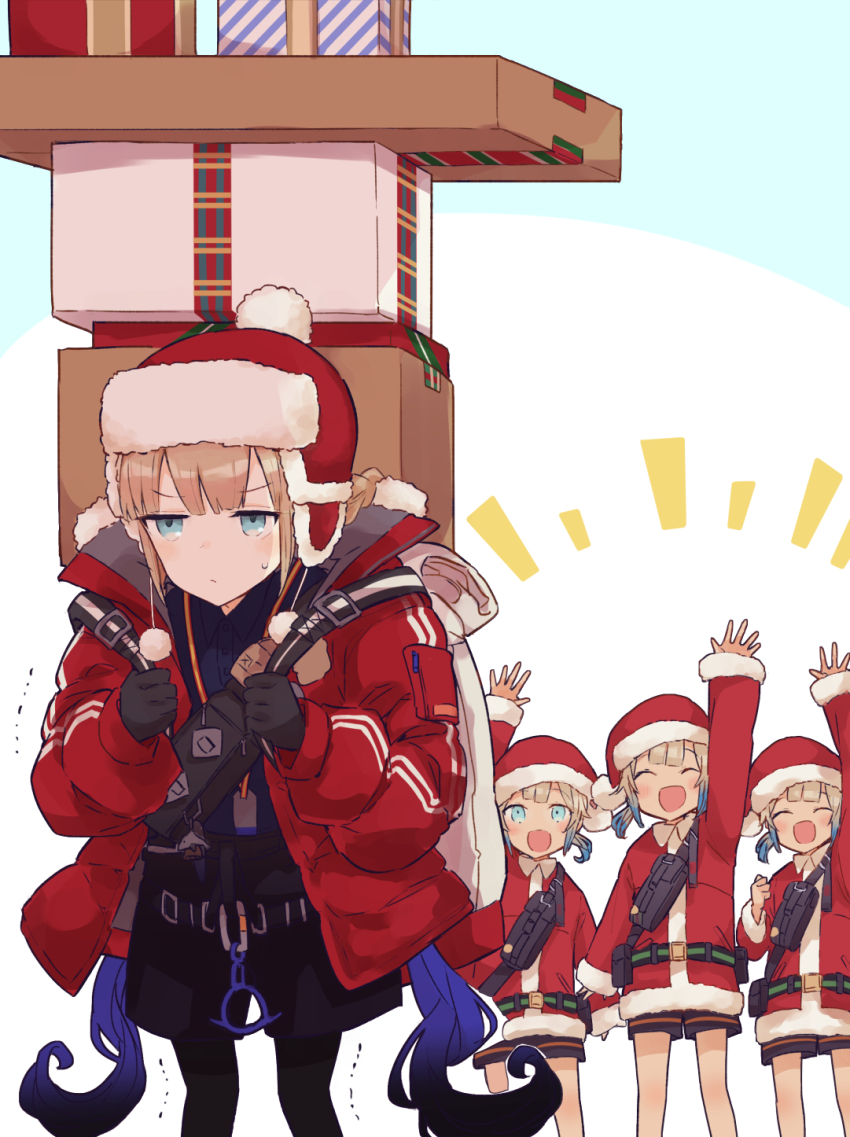 aqua_eyes black_gloves black_shorts captain_nemo_(fate) captain_nemo_(santa)_(fate) coat fate/grand_order fate_(series) fur_hat gloves gradient_hair hat heavy highres kak_hac long_hair marine_nemo_(fate) marine_nemo_(santa)_(fate) multicolored_hair nemo_(fate) package red_coat santa_costume santa_hat shorts twintails ushanka waving