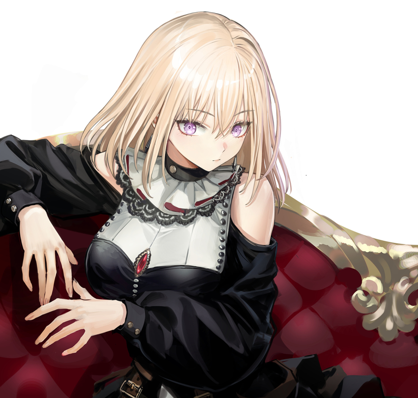 1girl bang_dream! bang_dream!_it&#039;s_mygo!!!!! black_dress blonde_hair chinese_commentary clothing_cutout commentary_request doloris_(bang_dream!) dress earrings hair_between_eyes highres infukun jewelry long_sleeves medium_hair misumi_uika purple_eyes red_brooch shoulder_cutout simple_background sitting solo white_background