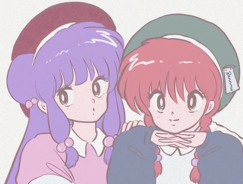 2girls highres multiple_girls purple_eyes purple_hair ranma-chan ranma_1/2 red_hair saotome_ranma shampoo_(ranma_1/2) shirt sidelocks
