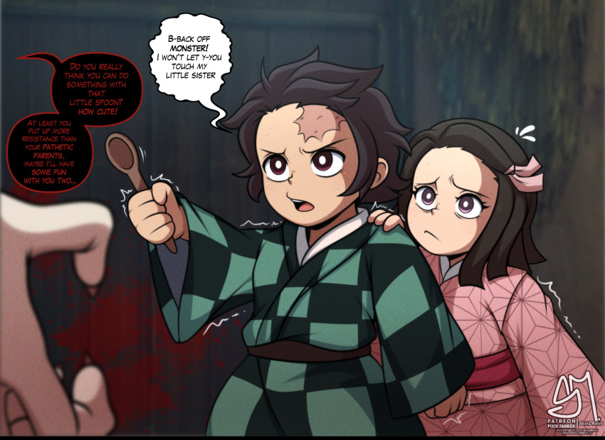 1girl 2boys black_hair blood brother_and_sister brown_hair child imminent_rape kamado_nezuko kamado_tanjirou kibutsuji_muzan kimetsu_no_yaiba multiple_boys pink_eyes red_eyes semi_draws siblings