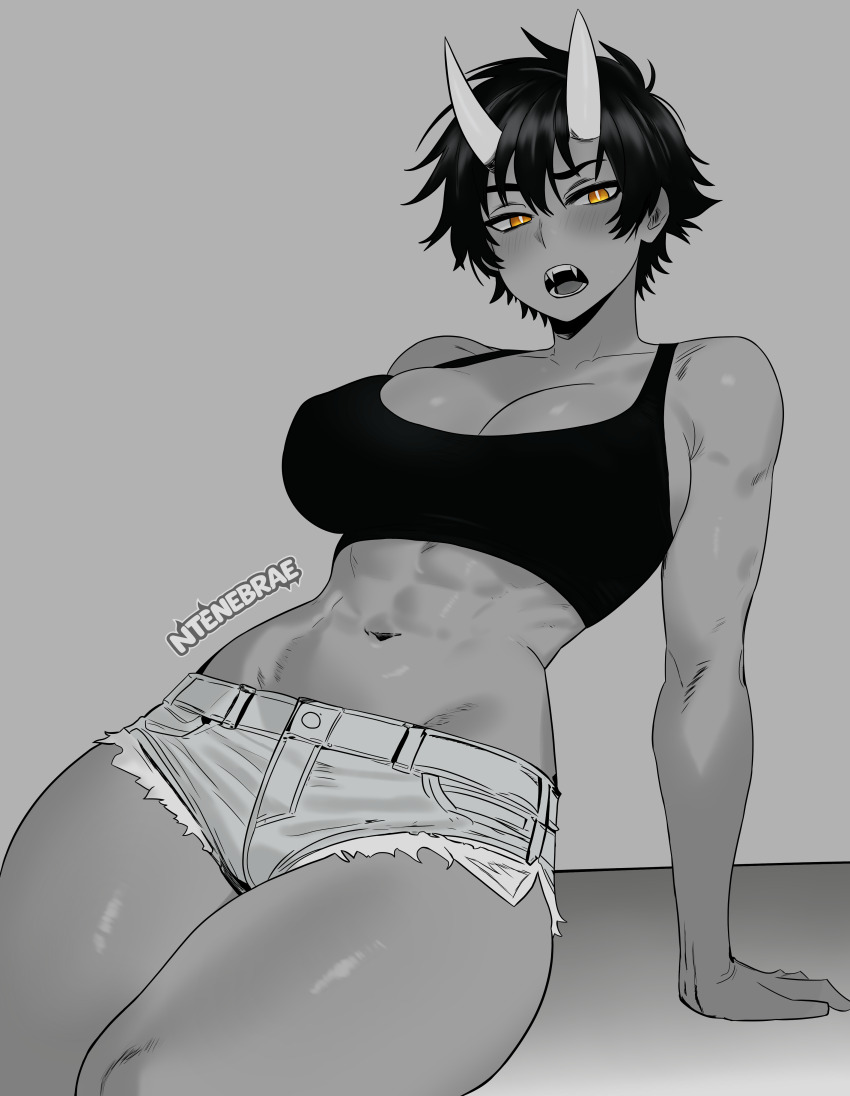 1girl absurdres black_hair breasts dark_skin greyscale highres kiryuu_(ntenebrae) large_breasts looking_at_viewer monochrome navel ntenebrae oni open_mouth original self-upload short_hair simple_background solo thick_thighs thighs tomboy yellow_eyes
