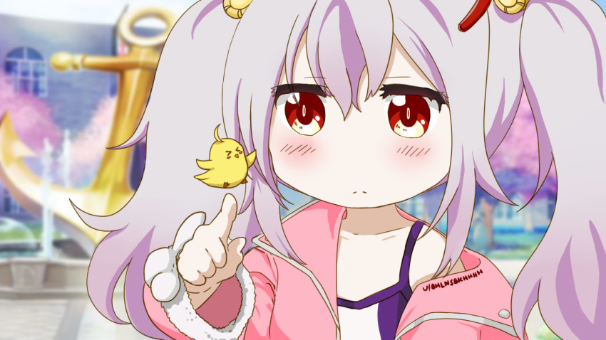 1girl anchor animal_ears azur_lane bhlnsbkhhhh blurry blurry_background blush camisole commentary depth_of_field english_commentary fake_animal_ears fur-trimmed_jacket fur_trim hairband jacket kanna_kamui kobayashi-san_chi_no_maidragon laffey_(azur_lane) manjuu_(azur_lane) naganawa_maria open_clothes open_jacket parody pink_jacket red_eyes red_hairband voice_actor_connection style_parody twintails upper_body white_camisole white_hair