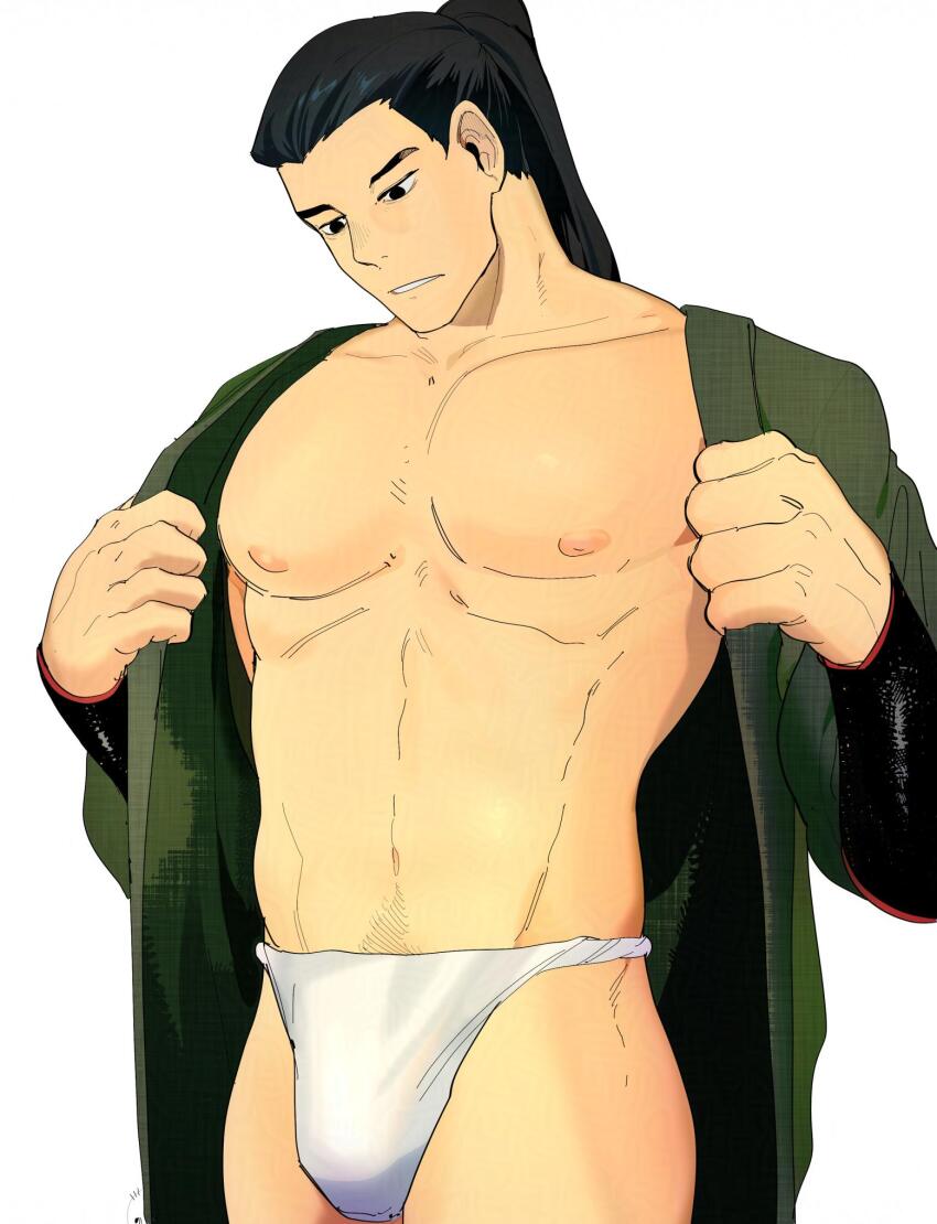 1boy alternate_pectoral_size armor bara black_hair bogactivity bulge cowboy_shot dungeon_meshi fundoshi highres japanese_armor japanese_clothes large_pectorals long_hair looking_down male_focus male_underwear muscular muscular_male navel nipples pectorals ponytail shurou solo standing stomach thick_eyebrows topknot tsurime underwear undressing white_background white_male_underwear